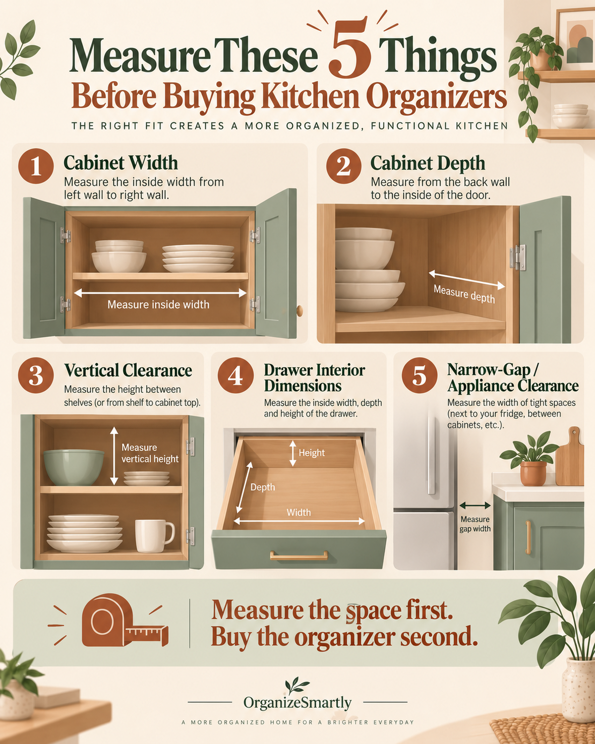 Infographic showing five measurements to take before buying kitchen organizers: cabinet width, cabinet depth, vertical clearance, drawer dimensions, and appliance-gap clearance.